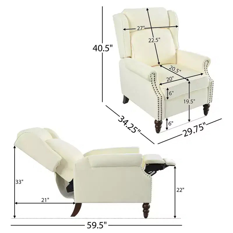 30W Accent Chair Push Back Recliner Armchair with Wing Back and Gourd-shaped Wooden Legs -ModernLuxe