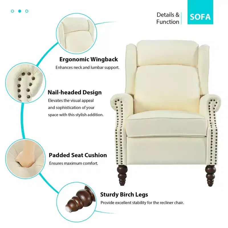 30W Accent Chair Push Back Recliner Armchair with Wing Back and Gourd-shaped Wooden Legs -ModernLuxe