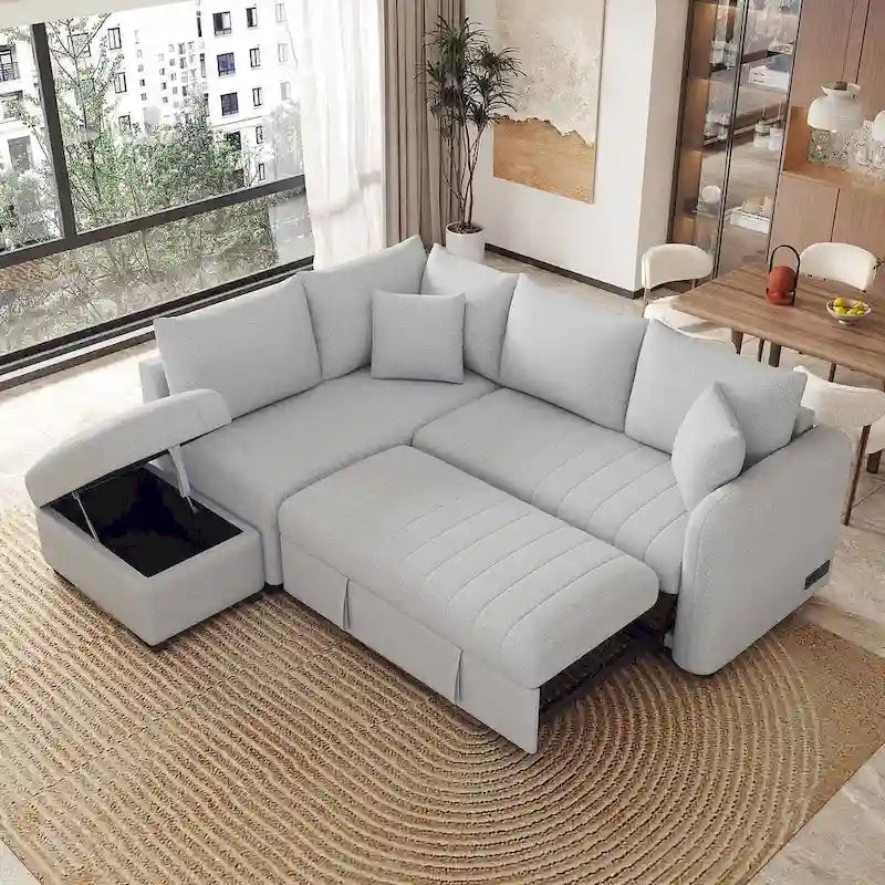 Upholstery Sleeper Sectional Sofa with Movable Storage Ottoman, L-shaped Sectional Pull Out Sofa Bed
