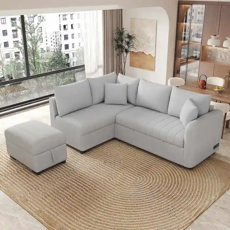 Upholstery Sleeper Sectional Sofa with Movable Storage Ottoman, L-shaped Sectional Pull Out Sofa Bed