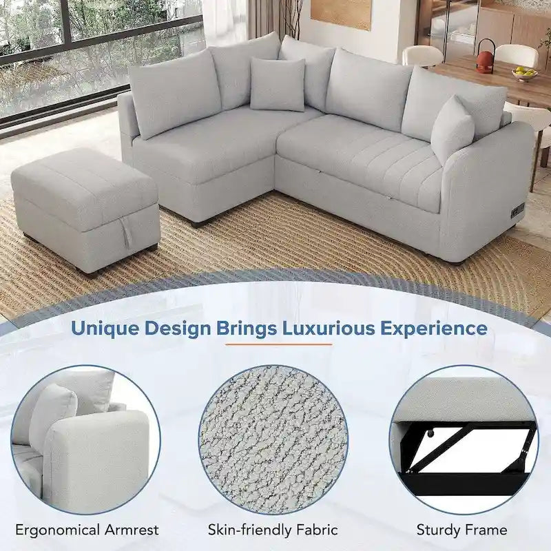 Upholstery Sleeper Sectional Sofa with Movable Storage Ottoman, L-shaped Sectional Pull Out Sofa Bed