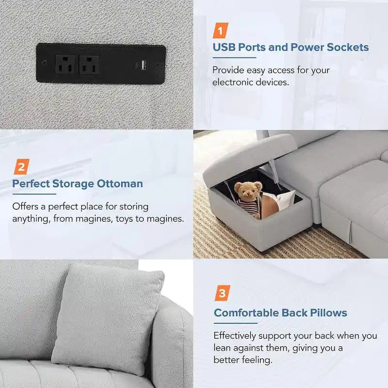 Upholstery Sleeper Sectional Sofa with Movable Storage Ottoman, L-shaped Sectional Pull Out Sofa Bed