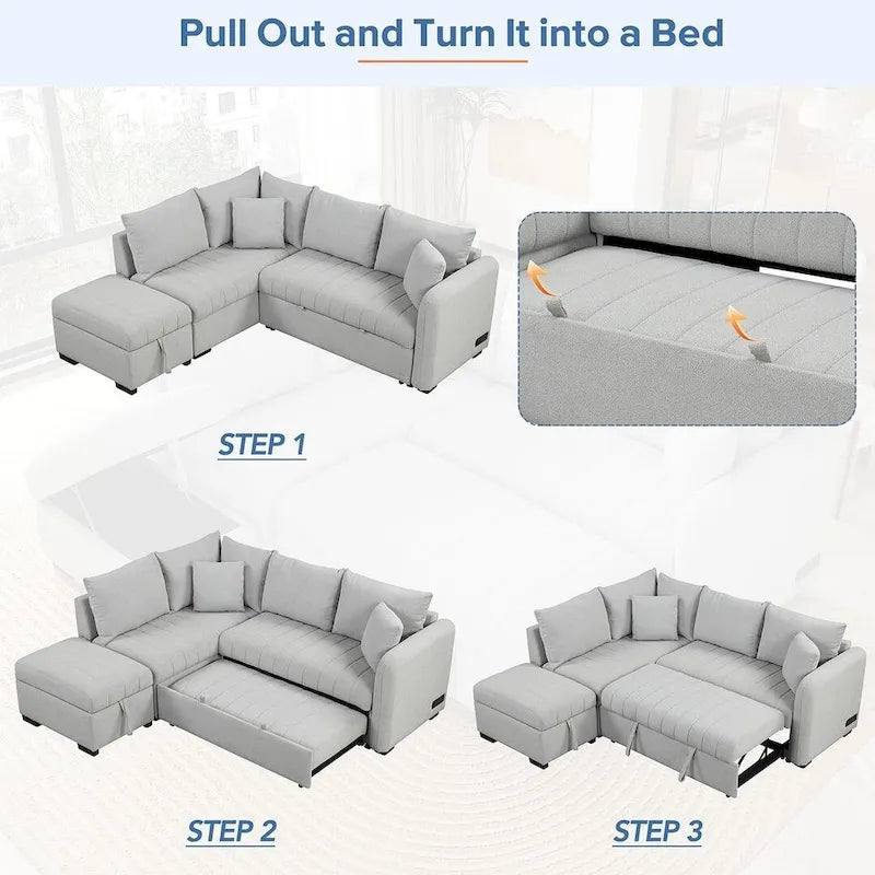 Upholstery Sleeper Sectional Sofa with Movable Storage Ottoman, L-shaped Sectional Pull Out Sofa Bed