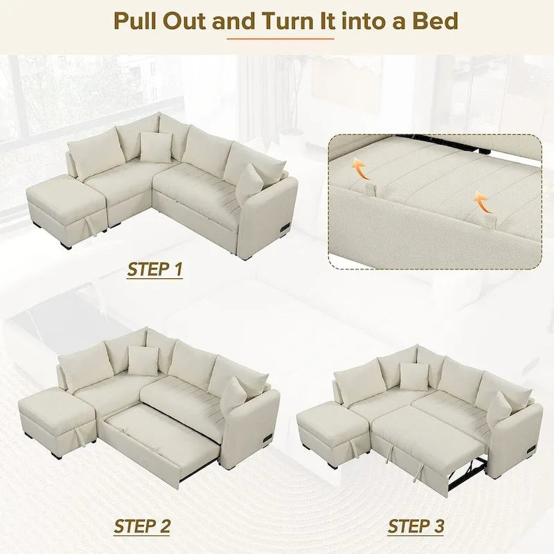 Upholstery Sleeper Sectional Sofa with Movable Storage Ottoman, L-shaped Sectional Pull Out Sofa Bed