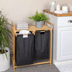 Bamboo Pull Out Double Hamper with Shelf, Natural and Black