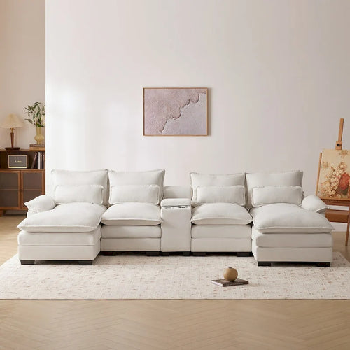 Divano a U 123*55 con console, portabicchieri e porte USB, set divano letto imbottito a 6 posti simmetrico con chaise longue