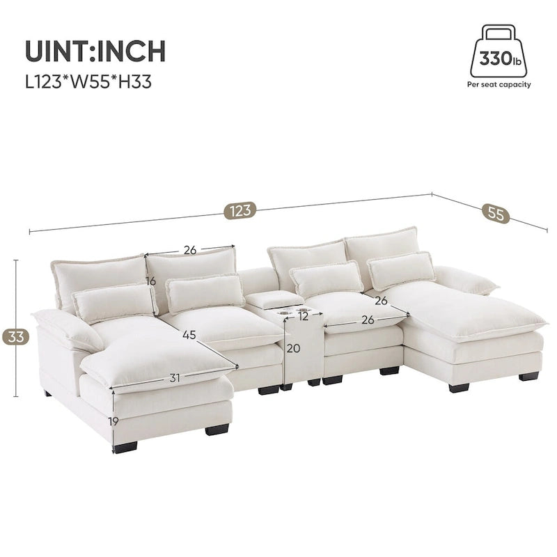 123*55U-shaped Sofa with Console, Cupholders and USB Ports, 6-seat Upholstered Symmetrical Sleeper Couch Set with Chaise