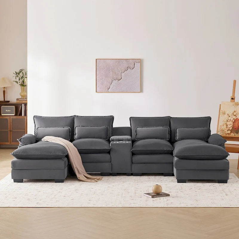 123*55U-shaped Sofa with Console, Cupholders and USB Ports, 6-seat Upholstered Symmetrical Sleeper Couch Set with Chaise