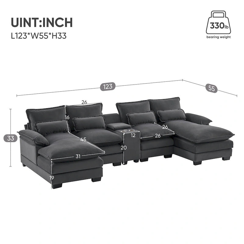 123*55U-shaped Sofa with Console, Cupholders and USB Ports, 6-seat Upholstered Symmetrical Sleeper Couch Set with Chaise