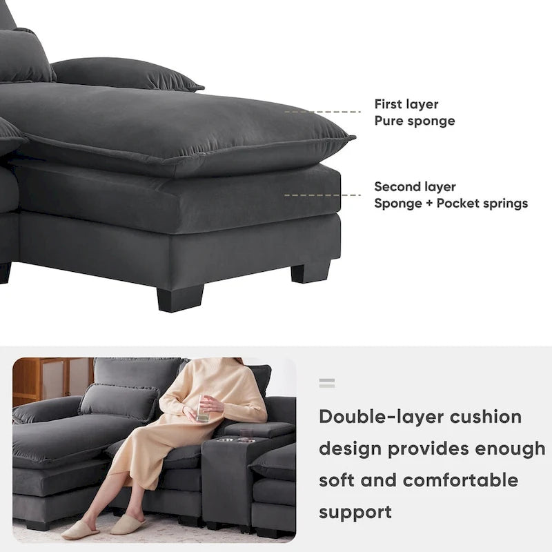123*55U-shaped Sofa with Console, Cupholders and USB Ports, 6-seat Upholstered Symmetrical Sleeper Couch Set with Chaise