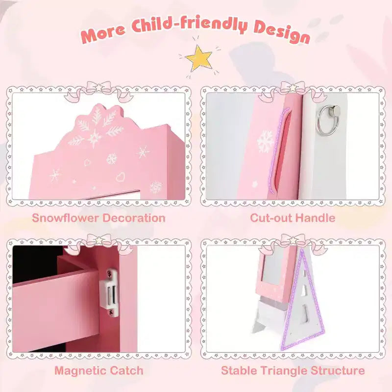 Costway Kids Vanity Set Princess Makeup Dressing Table & Chair Set with Jewelry Armoire White/Pink