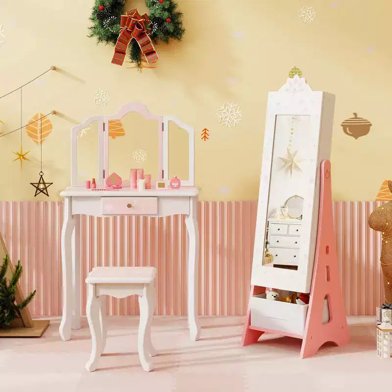 Costway Kids Vanity Set Princess Makeup Dressing Table & Chair Set with Jewelry Armoire White/Pink