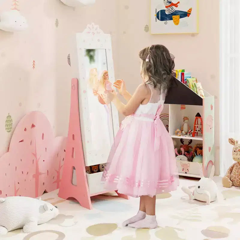 Costway Kids Vanity Set Princess Makeup Dressing Table & Chair Set with Jewelry Armoire White/Pink