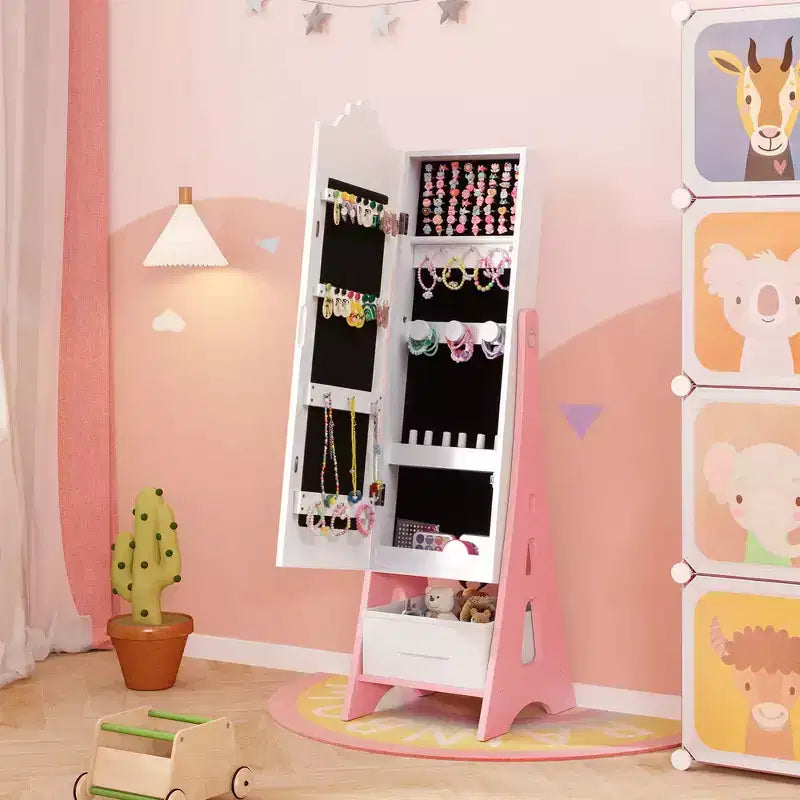 Costway Kids Vanity Set Princess Makeup Dressing Table & Chair Set with Jewelry Armoire White/Pink