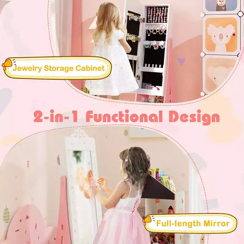 Costway Kids Vanity Set Princess Makeup Dressing Table & Chair Set with Jewelry Armoire White/Pink