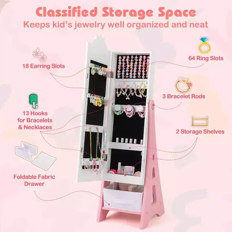 Costway Kids Vanity Set Princess Makeup Dressing Table & Chair Set with Jewelry Armoire White/Pink