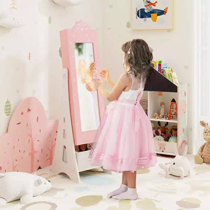 Costway Kids Vanity Set Princess Makeup Dressing Table & Chair Set with Jewelry Armoire White/Pink