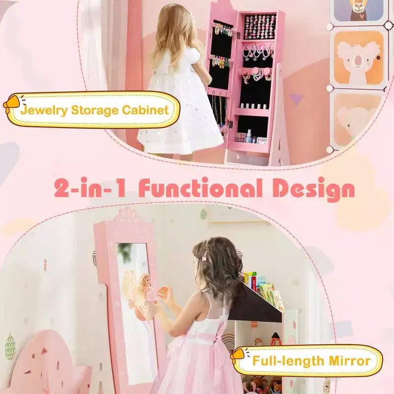 Costway Kids Vanity Set Princess Makeup Dressing Table & Chair Set with Jewelry Armoire White/Pink