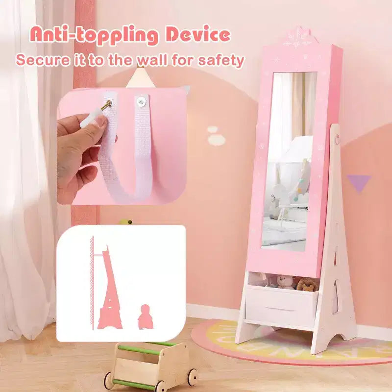 Costway Kids Vanity Set Princess Makeup Dressing Table & Chair Set with Jewelry Armoire White/Pink