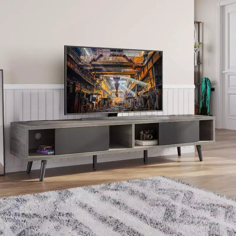 Bestier 70 inch Mid-Century Modern TV Stand for 65/70/75 TV, Low Entertainment Center TV Console Cabinet with Sliding Doors for Living Room