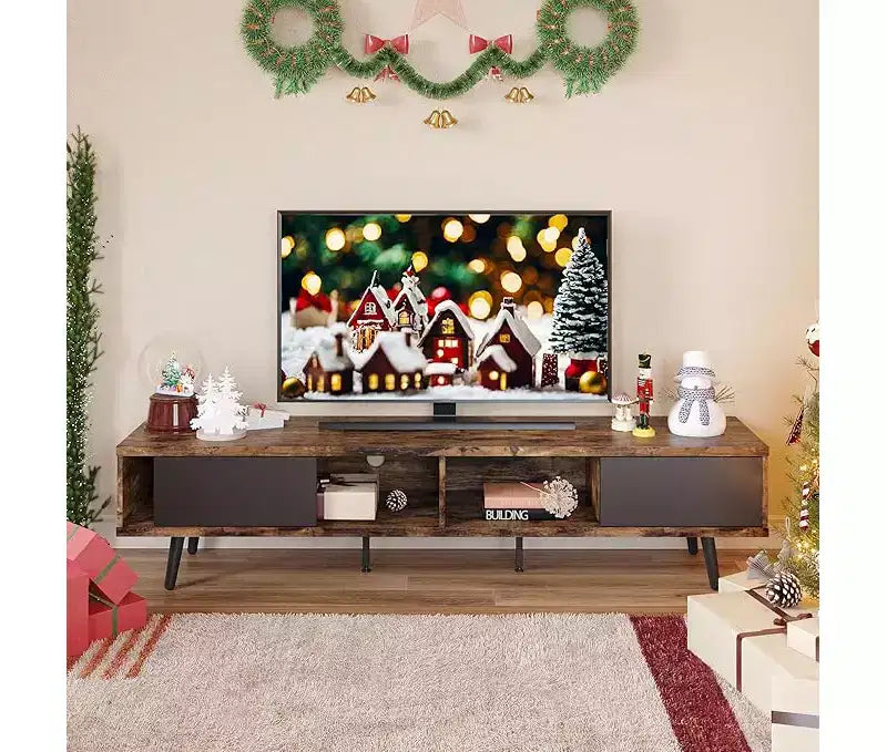 Bestier 70 inch Mid-Century Modern TV Stand for 65/70/75 TV, Low Entertainment Center TV Console Cabinet with Sliding Doors for Living Room