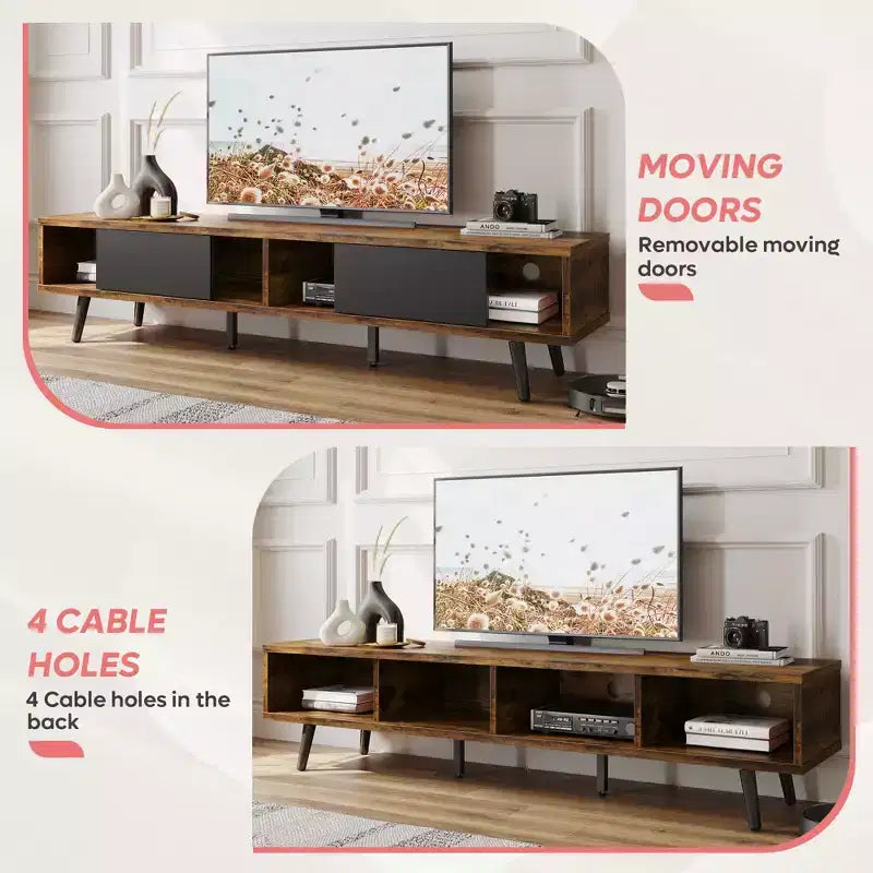 Bestier 70 inch Mid-Century Modern TV Stand for 65/70/75 TV, Low Entertainment Center TV Console Cabinet with Sliding Doors for Living Room