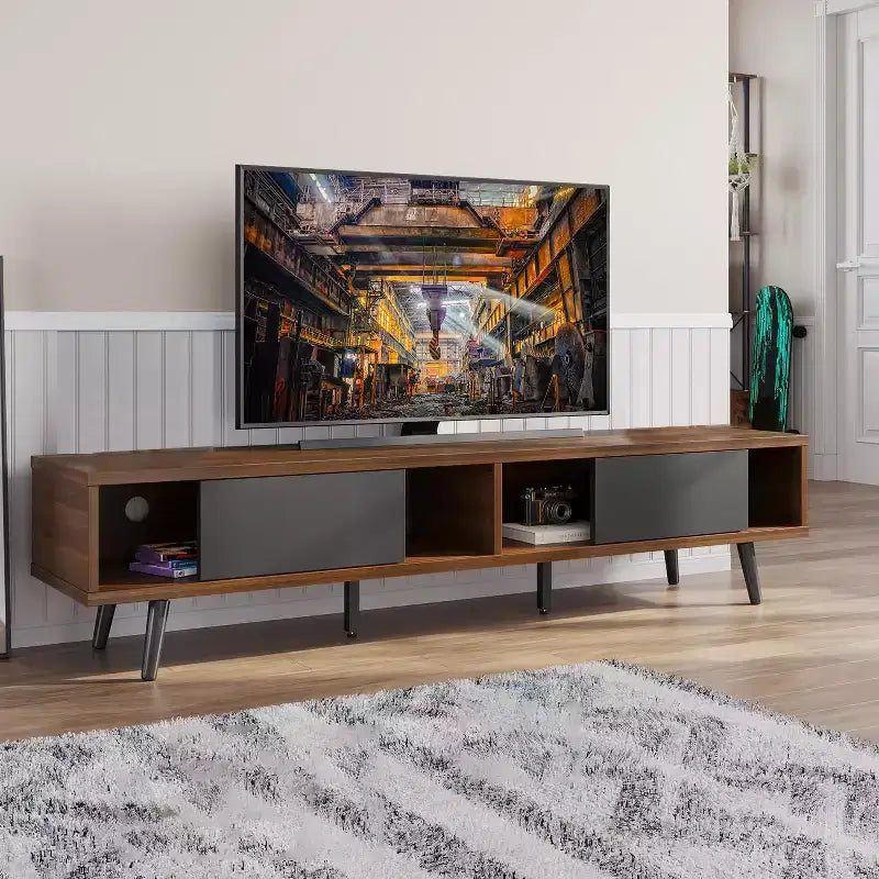 Bestier 70 inch Mid-Century Modern TV Stand for 65/70/75 TV, Low Entertainment Center TV Console Cabinet with Sliding Doors for Living Room