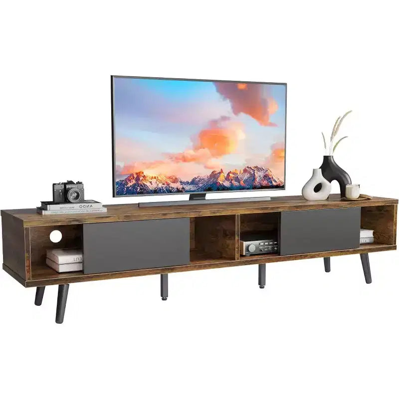 Bestier 70 inch Mid-Century Modern TV Stand for 65/70/75 TV, Low Entertainment Center TV Console Cabinet with Sliding Doors for Living Room