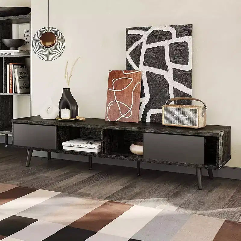Bestier 70 inch Mid-Century Modern TV Stand for 65/70/75 TV, Low Entertainment Center TV Console Cabinet with Sliding Doors for Living Room