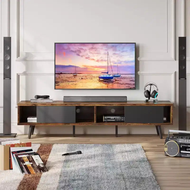 Bestier 70 inch Mid-Century Modern TV Stand for 65/70/75 TV, Low Entertainment Center TV Console Cabinet with Sliding Doors for Living Room