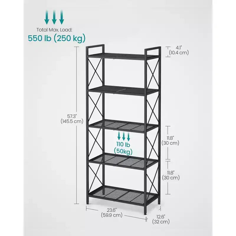 5-Tier Metal Storage Rack, Storage Shelves, Kitchen Shelf with Side Frames and Dense Mesh, 12.6 x 23.6 x 57.3 Inches, for Entryway, Kitchen