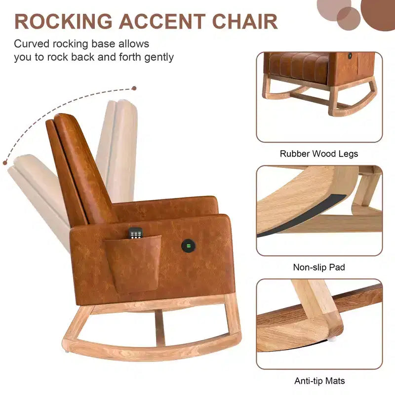 VECELO Modern Glider Rocker Chair with USB Port Armchair & Side Pocket, Faux Leather Upholstered Rocking Chair for Living Room Balcony