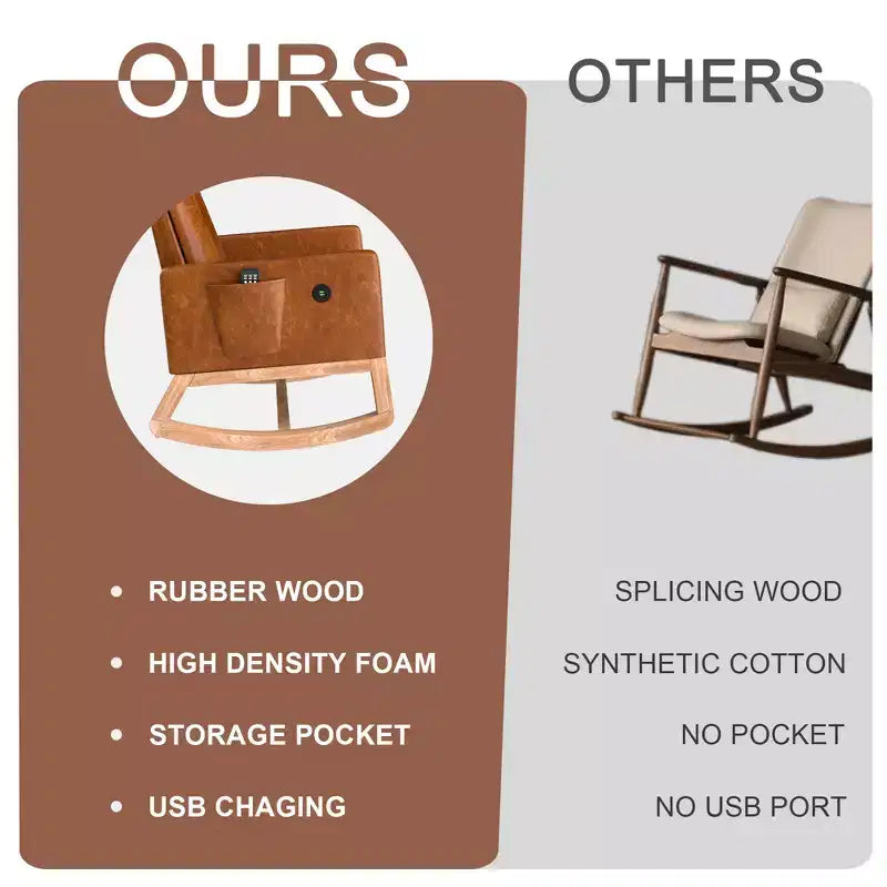VECELO Modern Glider Rocker Chair with USB Port Armchair & Side Pocket, Faux Leather Upholstered Rocking Chair for Living Room Balcony