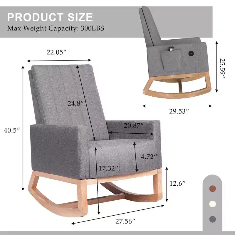 VECELO Modern Glider Rocker Chair with USB Port Armchair & Side Pocket, Faux Leather Upholstered Rocking Chair for Living Room Balcony