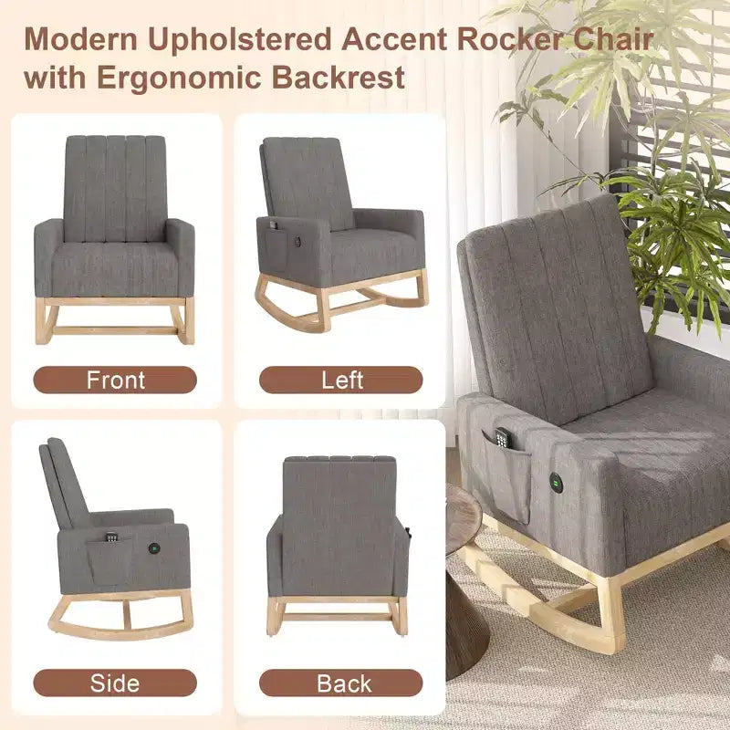 VECELO Modern Glider Rocker Chair with USB Port Armchair & Side Pocket, Faux Leather Upholstered Rocking Chair for Living Room Balcony
