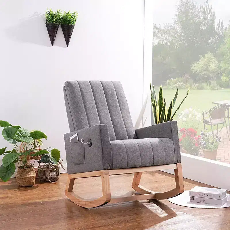 VECELO Modern Glider Rocker Chair with USB Port Armchair & Side Pocket, Faux Leather Upholstered Rocking Chair for Living Room Balcony