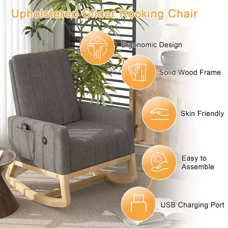 VECELO Modern Glider Rocker Chair with USB Port Armchair & Side Pocket, Faux Leather Upholstered Rocking Chair for Living Room Balcony