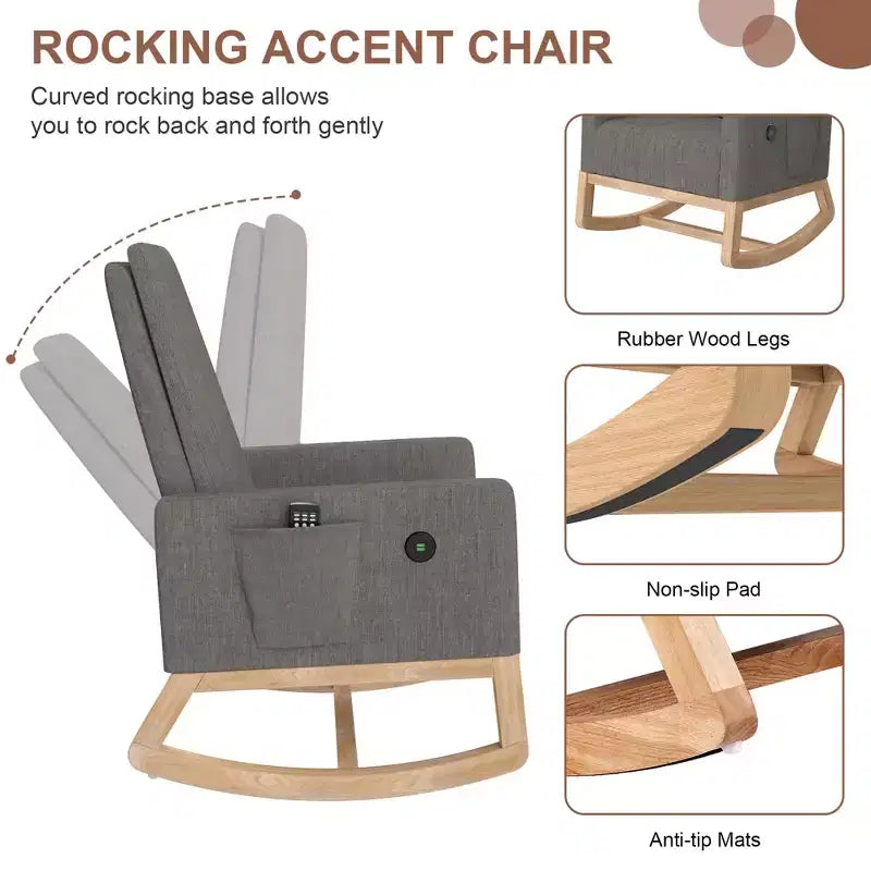 VECELO Modern Glider Rocker Chair with USB Port Armchair & Side Pocket, Faux Leather Upholstered Rocking Chair for Living Room Balcony