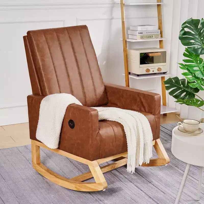 VECELO Modern Glider Rocker Chair with USB Port Armchair & Side Pocket, Faux Leather Upholstered Rocking Chair for Living Room Balcony