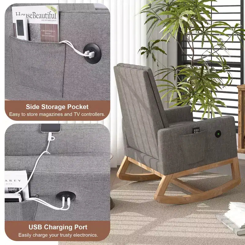 VECELO Modern Glider Rocker Chair with USB Port Armchair & Side Pocket, Faux Leather Upholstered Rocking Chair for Living Room Balcony