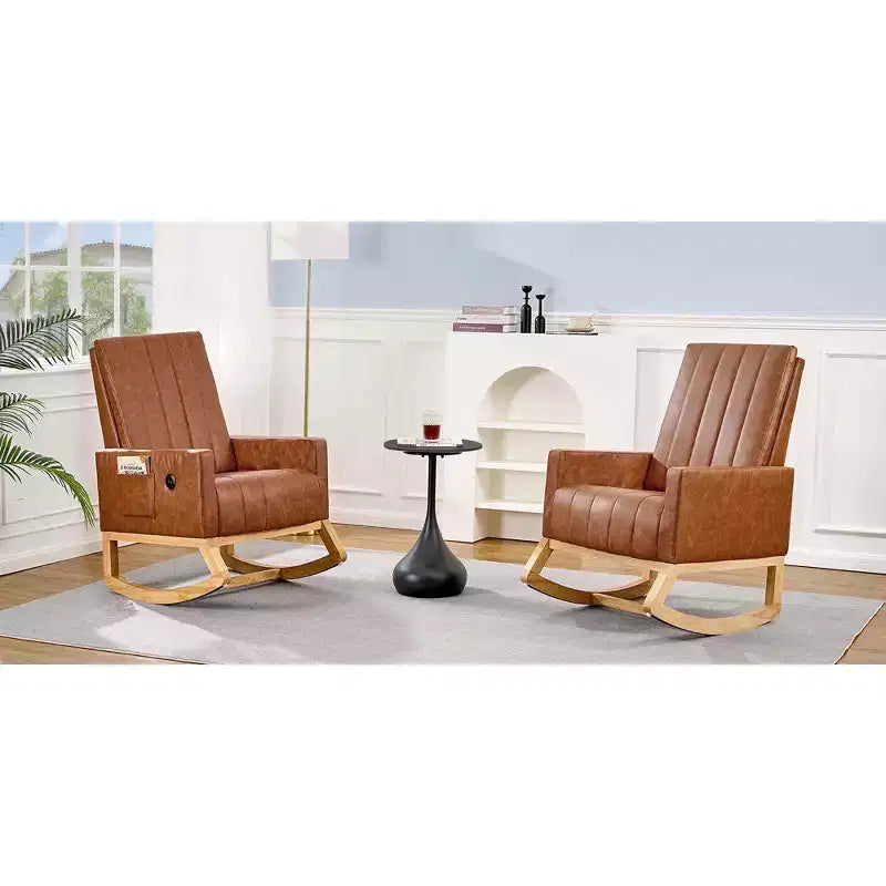 VECELO Modern Glider Rocker Chair with USB Port Armchair & Side Pocket, Faux Leather Upholstered Rocking Chair for Living Room Balcony