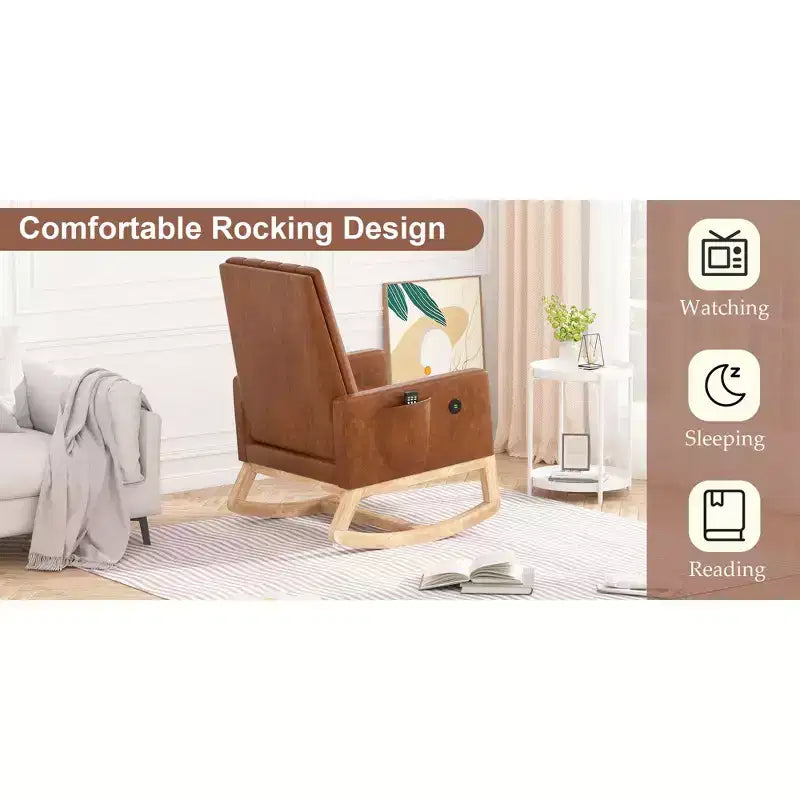 VECELO Modern Glider Rocker Chair with USB Port Armchair & Side Pocket, Faux Leather Upholstered Rocking Chair for Living Room Balcony
