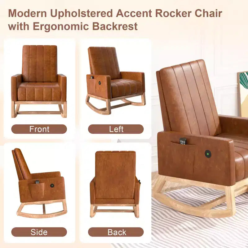 VECELO Modern Glider Rocker Chair with USB Port Armchair & Side Pocket, Faux Leather Upholstered Rocking Chair for Living Room Balcony