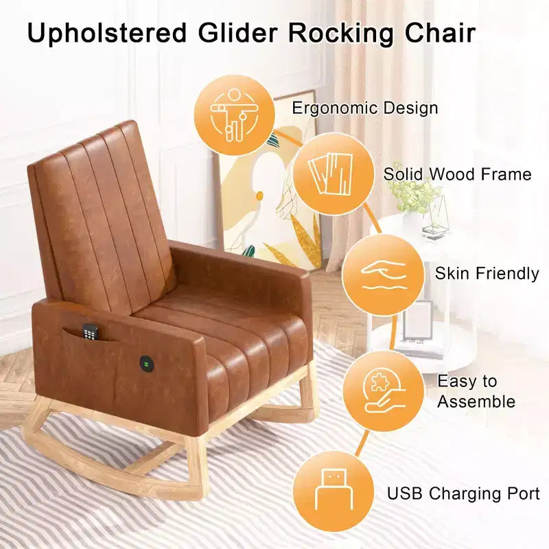 VECELO Modern Glider Rocker Chair with USB Port Armchair & Side Pocket, Faux Leather Upholstered Rocking Chair for Living Room Balcony