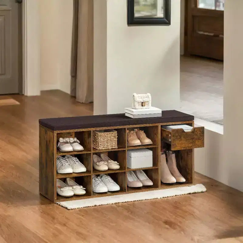 Storage Bench, Entryway Bench with Cushion, Drawer and Open Compartments, Bench with Storage, for Living Room, Bedroom, Closet