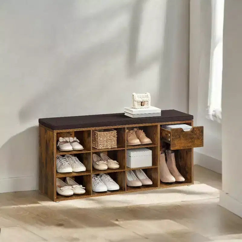Storage Bench, Entryway Bench with Cushion, Drawer and Open Compartments, Bench with Storage, for Living Room, Bedroom, Closet