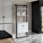 65 Inch Modern Display Cabinet, 4 Shelves, Drawer, Distressed Gray, White