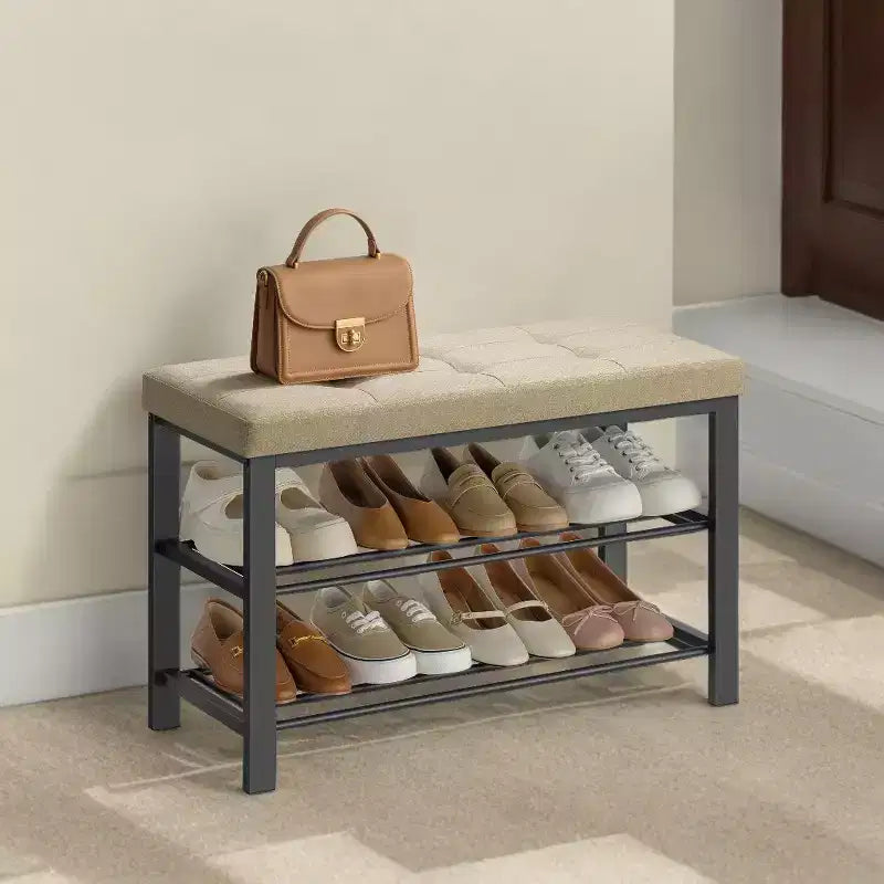 Shoe Bench, Storage Bench, Entryway Bench with Cushion, Shoe Shelf with Seat, Storage Organizer with Foam Padded Seat Linen Metal Frame