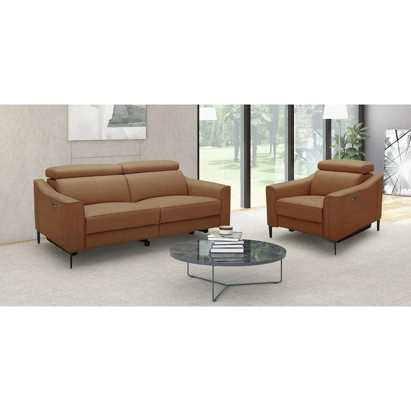 Camel Leather 3-Seater Sofa with 2 Power Recliners