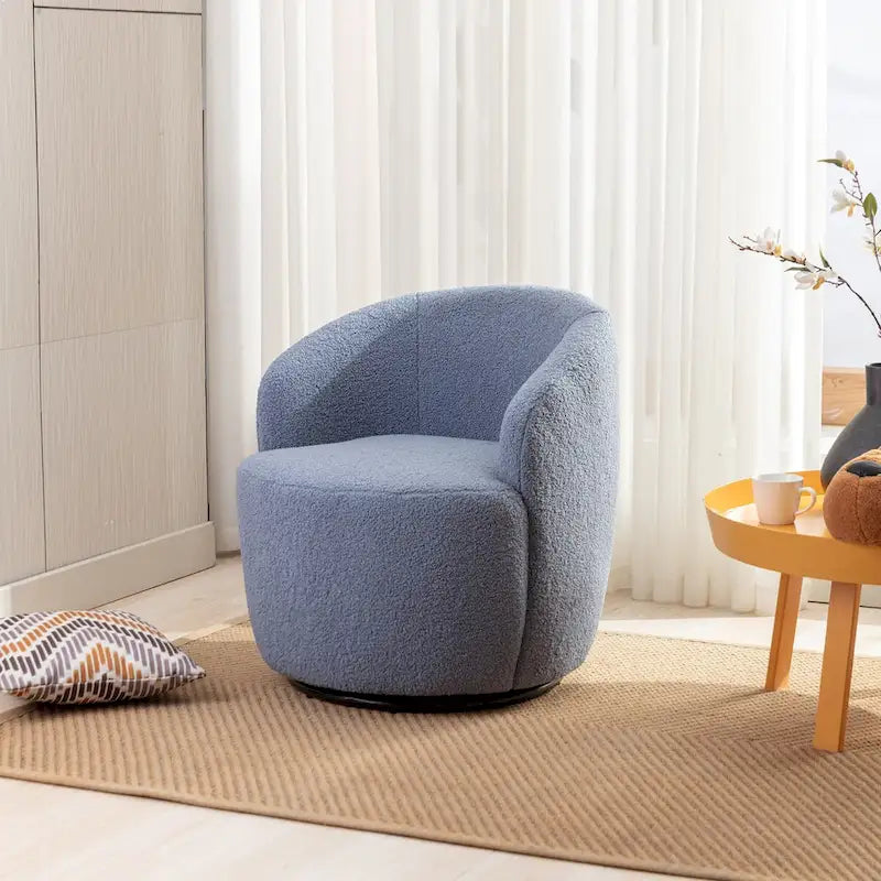 Blue Teddy Fabric Swivel Barrel Chair